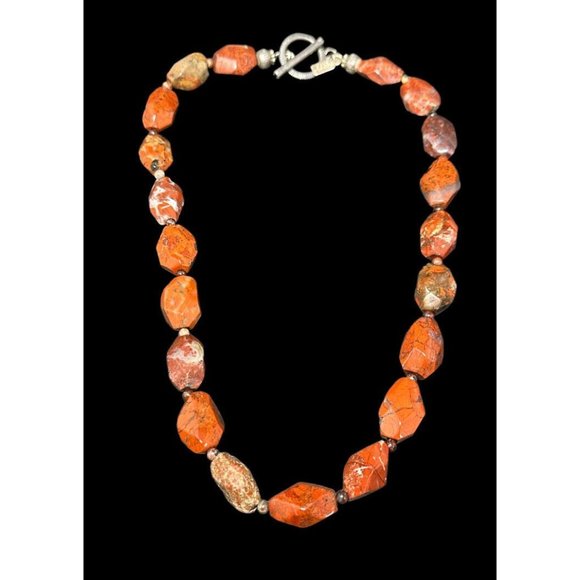 Signed Peyote Bird 925 Toggle Necklace Red Orange Jasper Chunky Beaded 17.5 in - Picture 1 of 6